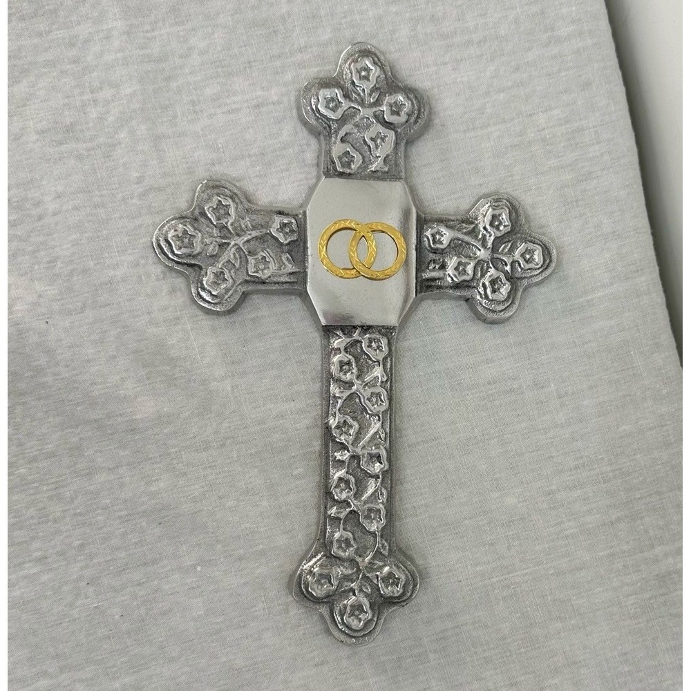 Pewter Wall Cross Silver Tone Ornate Gold Wedding Rings Keyhole Hanger Decor